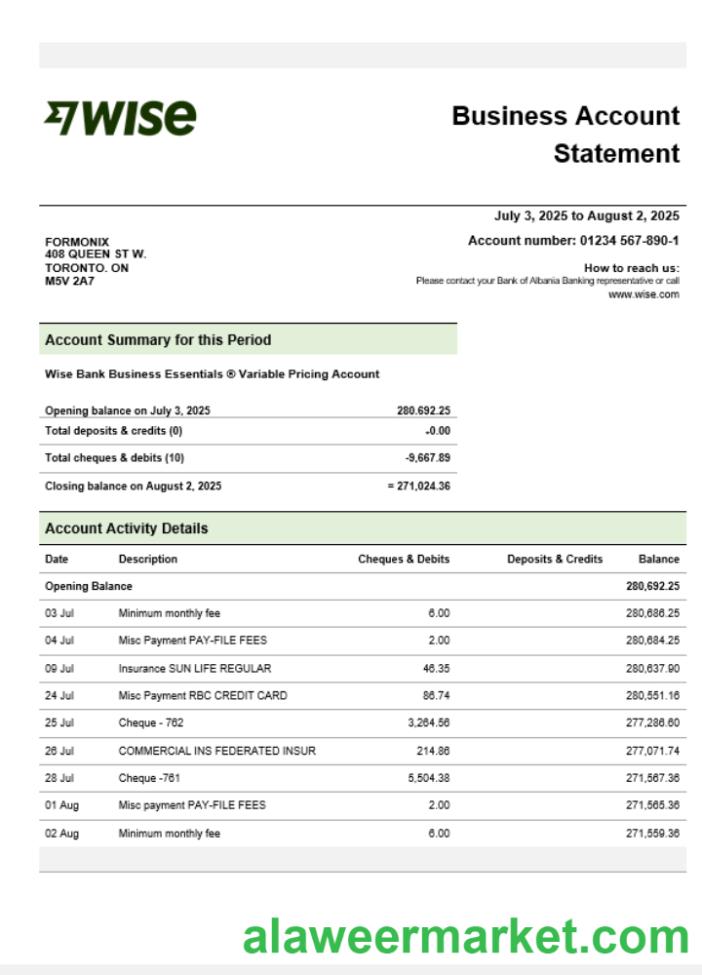 Wise company checking account statement Word and PDF template